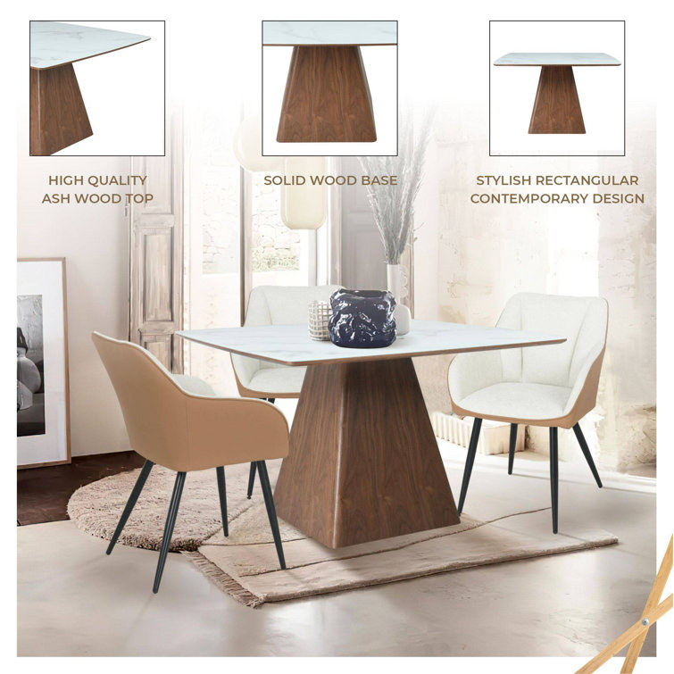Zephyr 47" White Sintered Stone Top Dining Table with Ash Wood Base