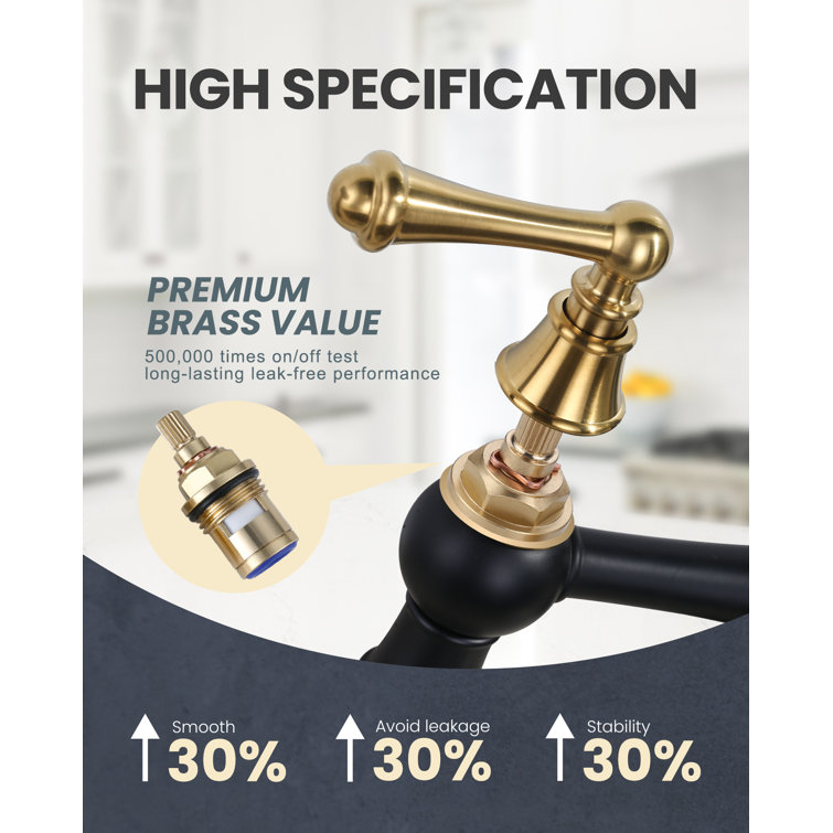 Matte Black and Gold Double Handle Bridge Kitchen Faucet with Side Sprayer