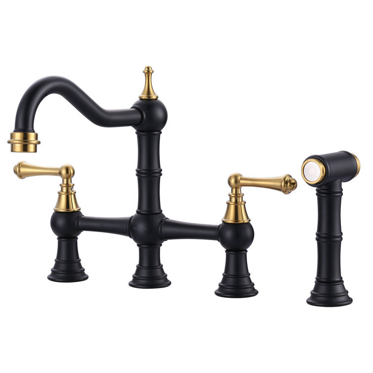 Matte Black and Gold Double Handle Bridge Kitchen Faucet with Side Sprayer
