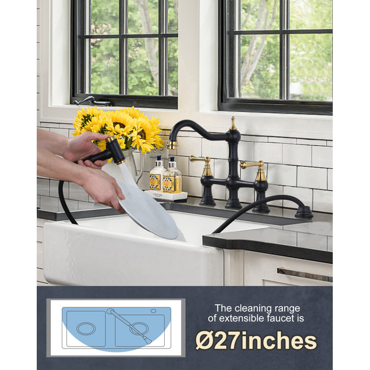 Matte Black and Gold Double Handle Bridge Kitchen Faucet with Side Sprayer