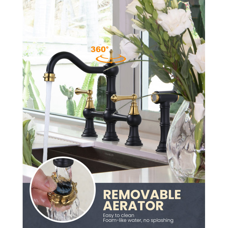 Matte Black and Gold Double Handle Bridge Kitchen Faucet with Side Sprayer