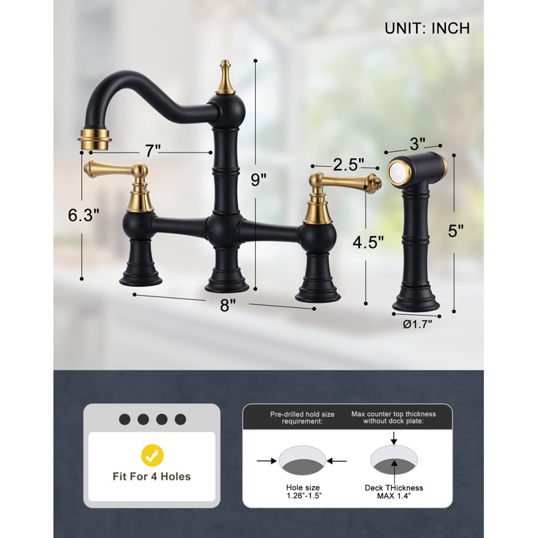 Matte Black and Gold Double Handle Bridge Kitchen Faucet with Side Sprayer