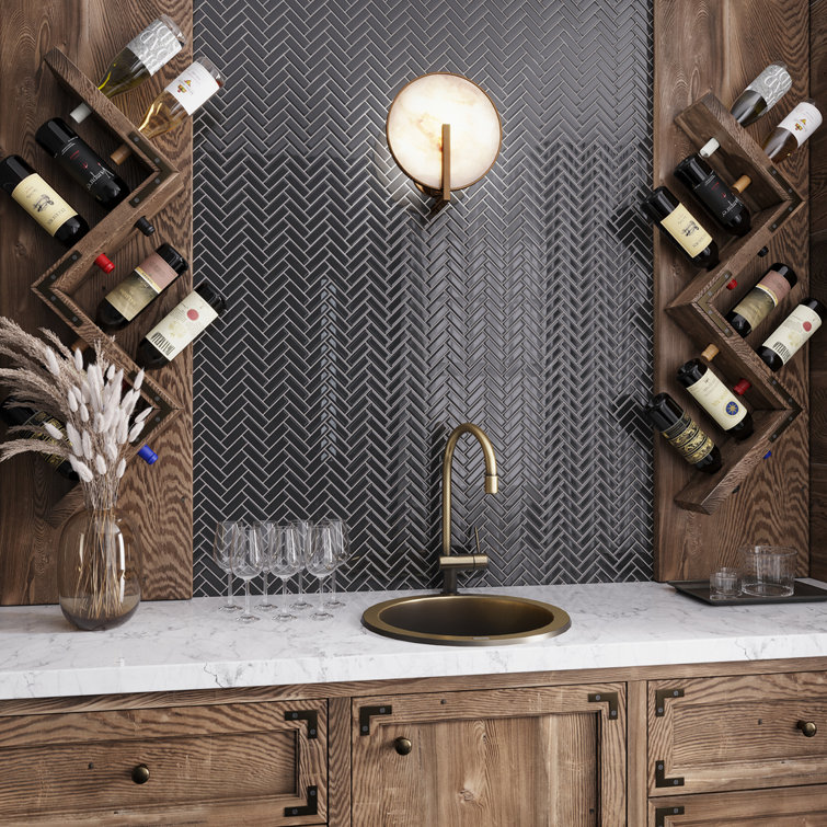 Black Herringbone Polished Glass Mosaic Tile for Walls