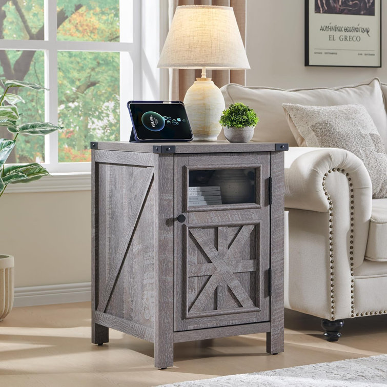 Gray 26'' Farmhouse End Table with Charging Station and Storage Shelf
