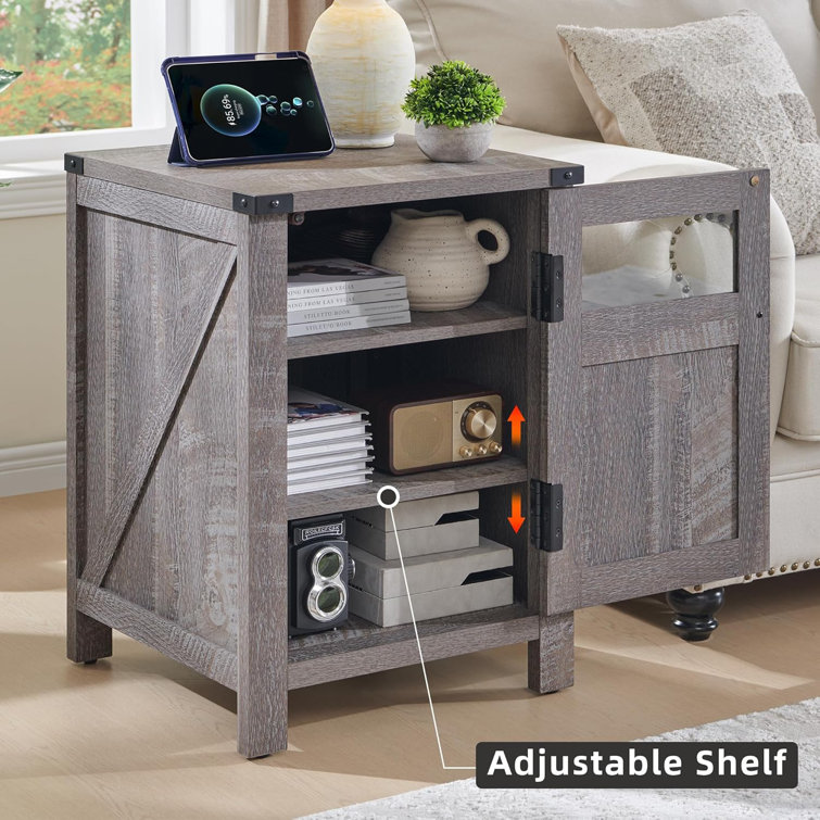 Gray 26'' Farmhouse End Table with Charging Station and Storage Shelf
