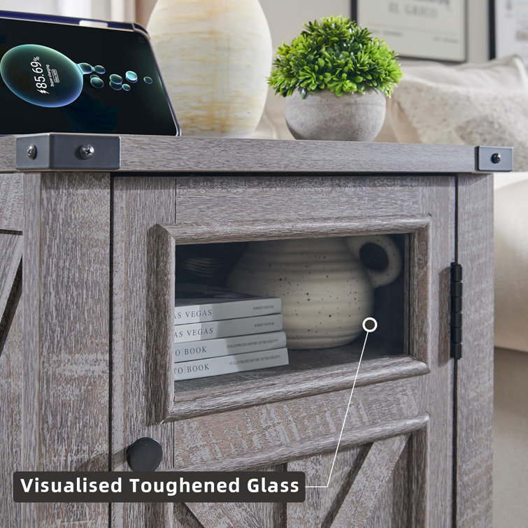 Gray 26'' Farmhouse End Table with Charging Station and Storage Shelf