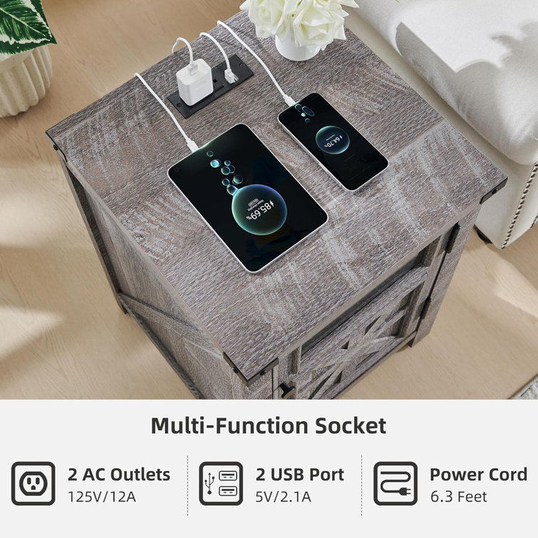 Gray 26'' Farmhouse End Table with Charging Station and Storage Shelf