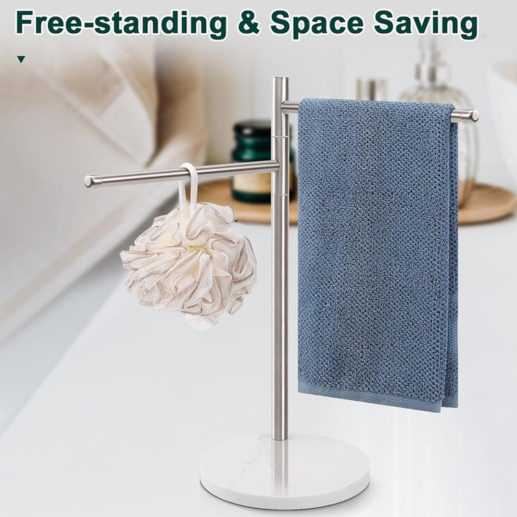 Brushed Nickel Stainless Steel Double Arm Towel Holder with Marble Base