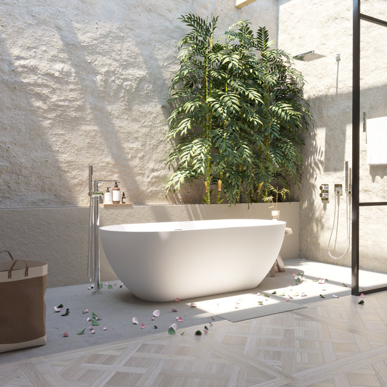 59" White Acrylic Freestanding Soaking Bathtub with Drain
