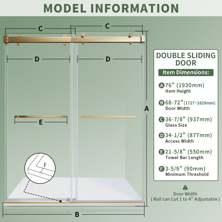 Brushed Gold Frameless Double Sliding Shower Door with Clear Tempered Glass