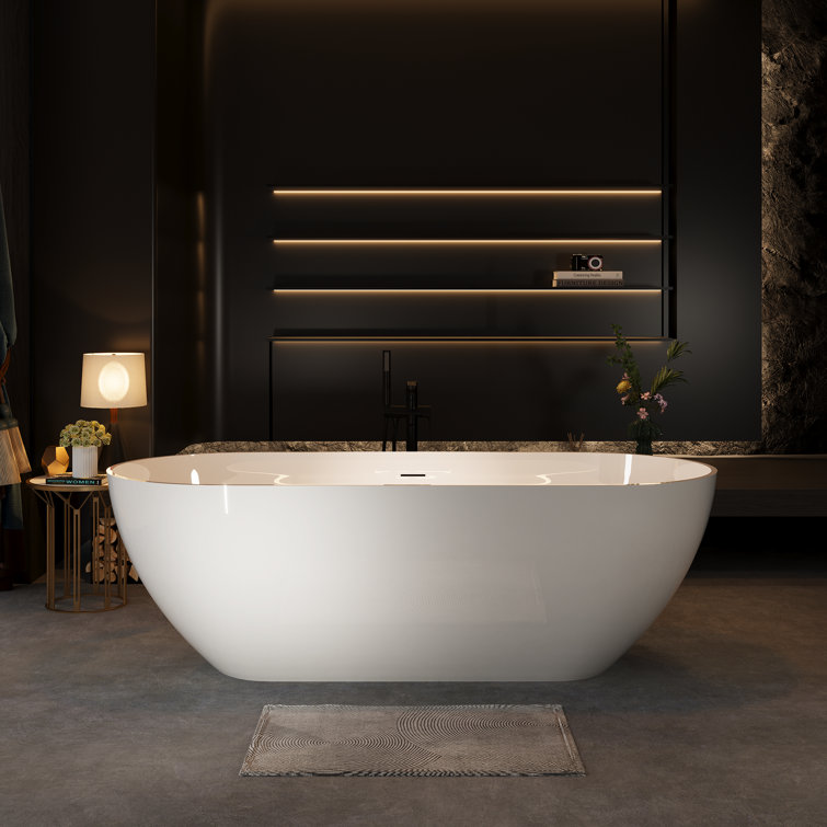 Glossy White 59" Freestanding Solid Surface Soaking Bathtub