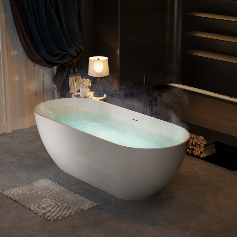 Glossy White 59" Freestanding Solid Surface Soaking Bathtub