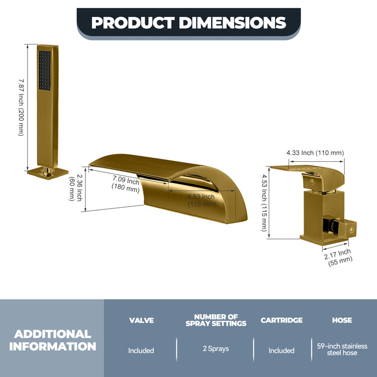 Gold Deck Mounted Waterfall Tub Faucet with Hand Shower