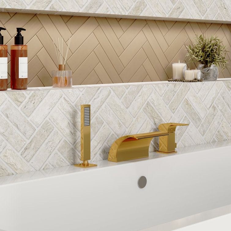 Gold Deck Mounted Waterfall Tub Faucet with Hand Shower