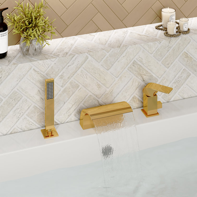 Gold Deck Mounted Waterfall Tub Faucet with Hand Shower