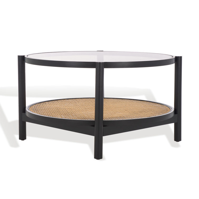 Karyna Black and Natural Elm Wood Rattan Glass Coffee Table with Storage
