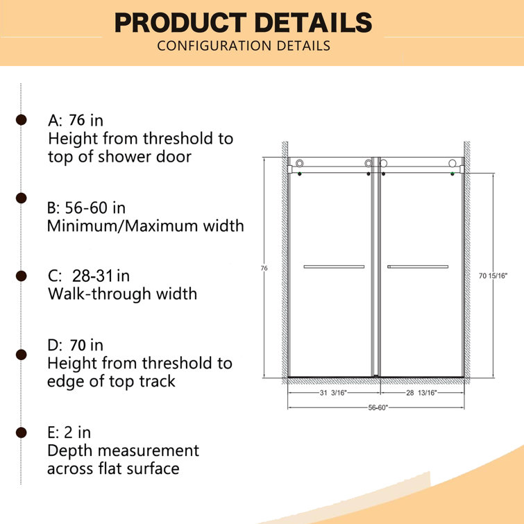 Brushed Nickel Frameless Double Sliding Shower Door with Clear Glass