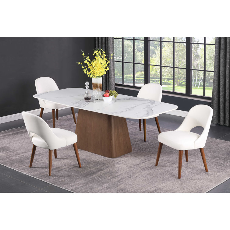 Modern White Marble Top Dining Table with Wooden Base and Chairs