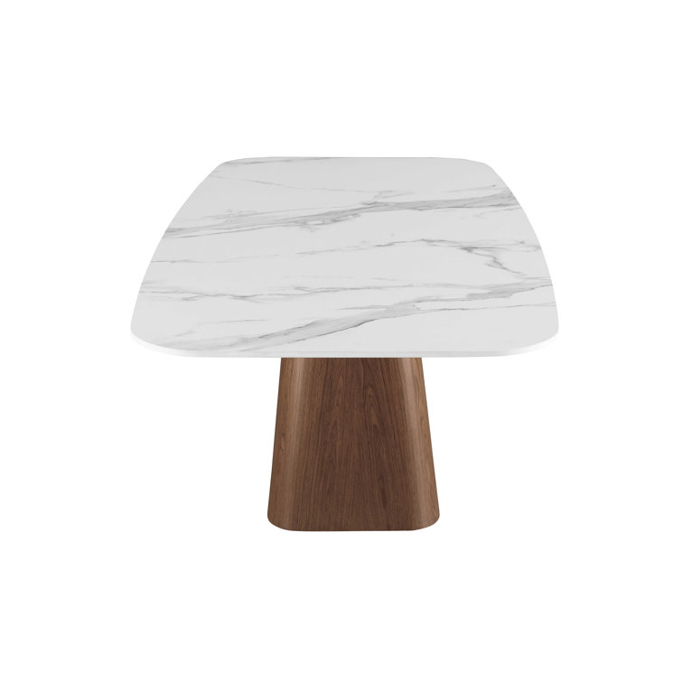 White Marbleized Stone Top Dining Table with Solid Wood Base and Chairs