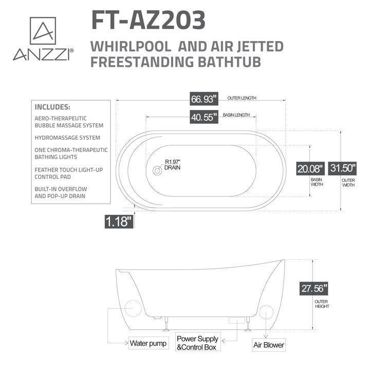 Janet 67'' White Freestanding Acrylic Air and Whirlpool Bathtub