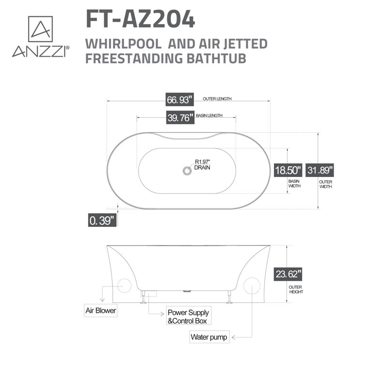 67-Inch White Acrylic Freestanding Whirlpool Bathtub with Chromotherapy