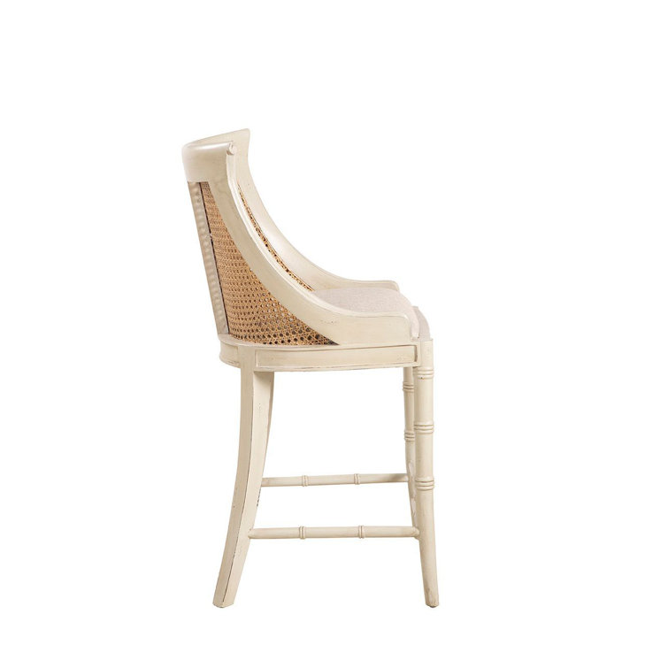 Cream Mahogany Counter Stool with Woven Back and Linen Cushion