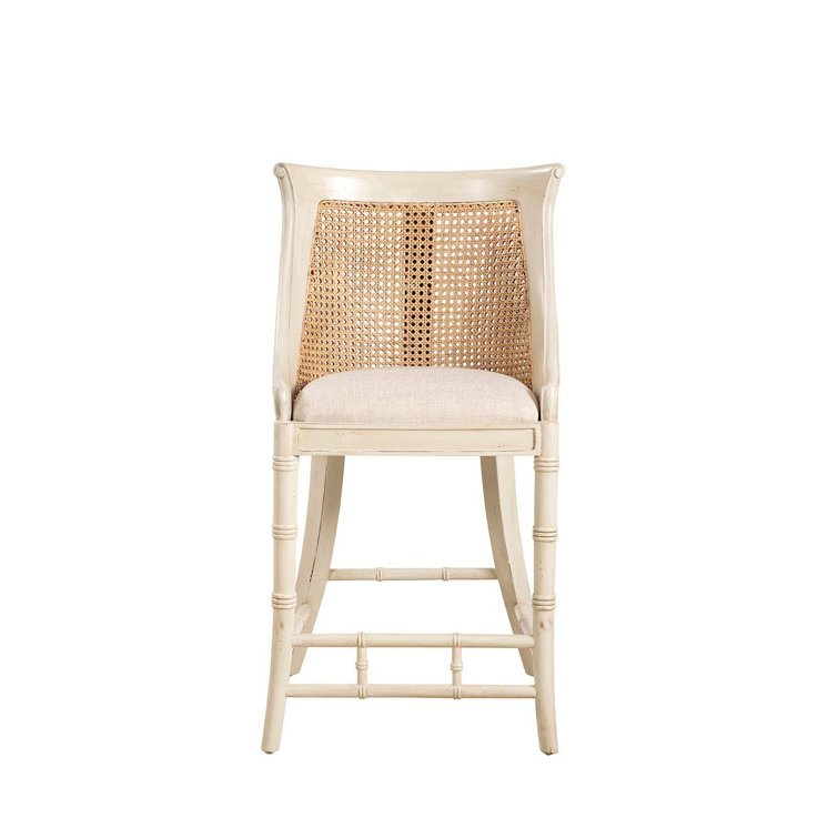 Cream Mahogany Counter Stool with Woven Back and Linen Cushion