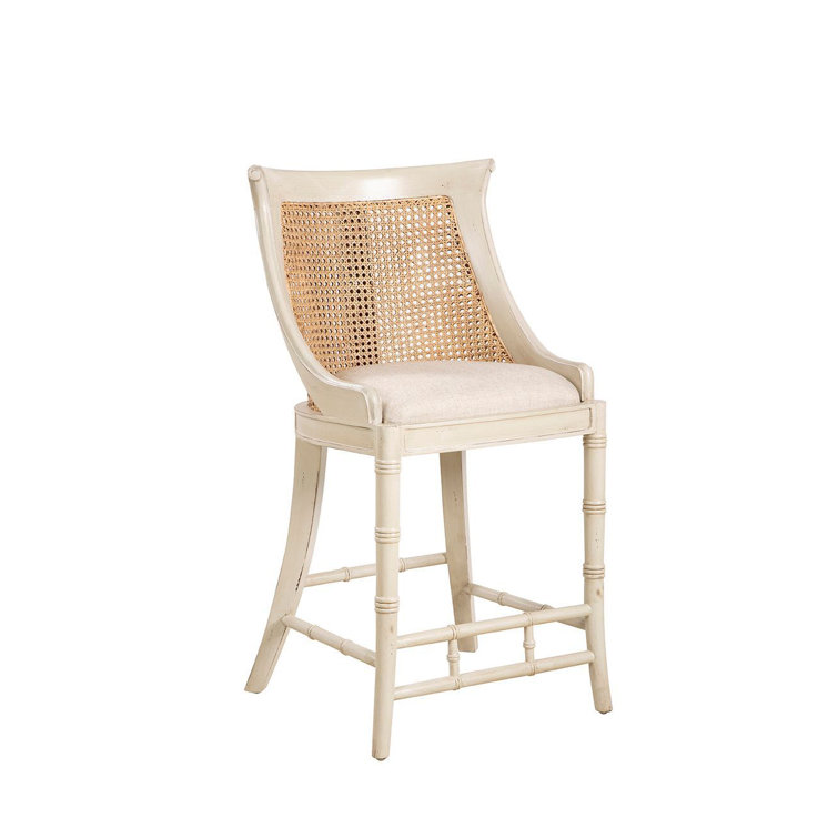 Cream Mahogany Counter Stool with Woven Back and Linen Cushion