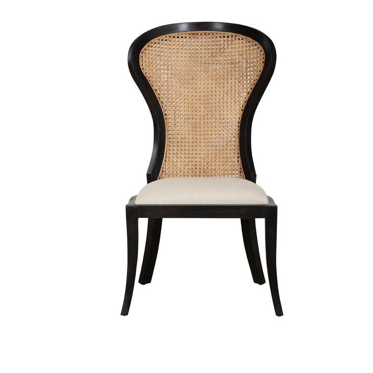 Black Mahogany and Cane High Back Linen Upholstered Side Chair