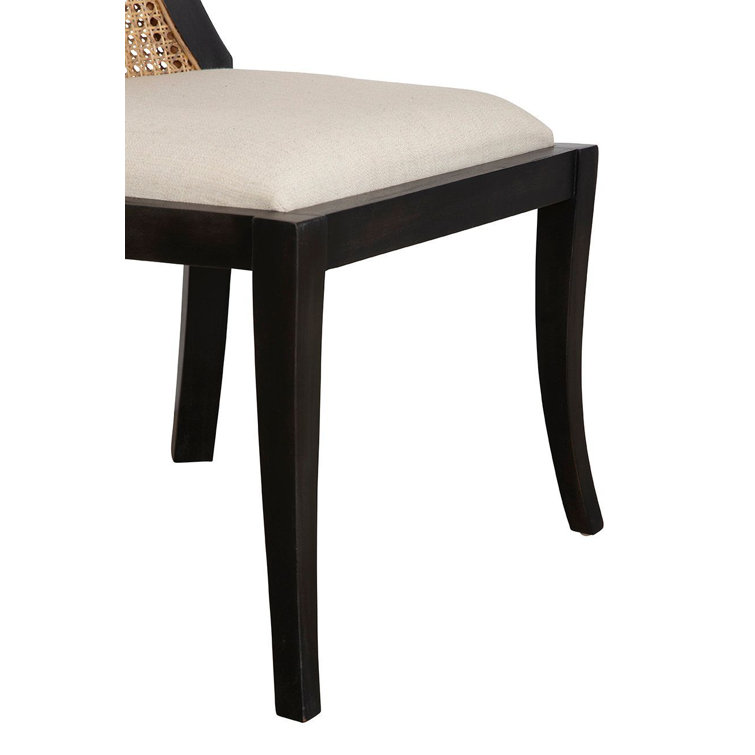 Black Mahogany and Cane High Back Linen Upholstered Side Chair