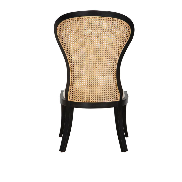Black Mahogany and Cane High Back Linen Upholstered Side Chair