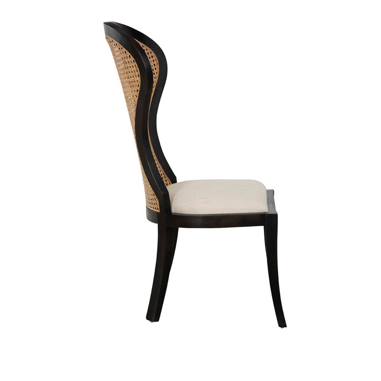 Black Mahogany and Cane High Back Linen Upholstered Side Chair