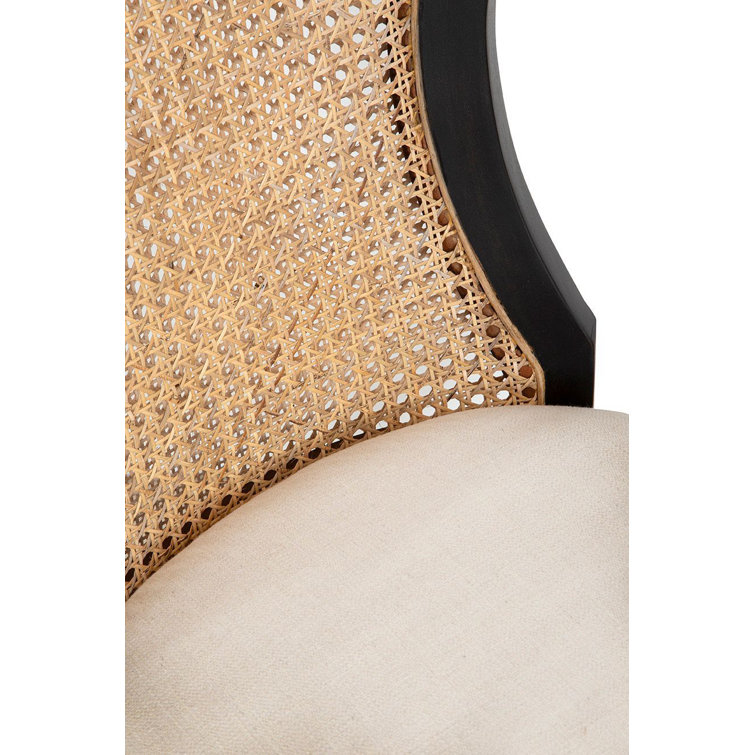 Black Mahogany and Cane High Back Linen Upholstered Side Chair