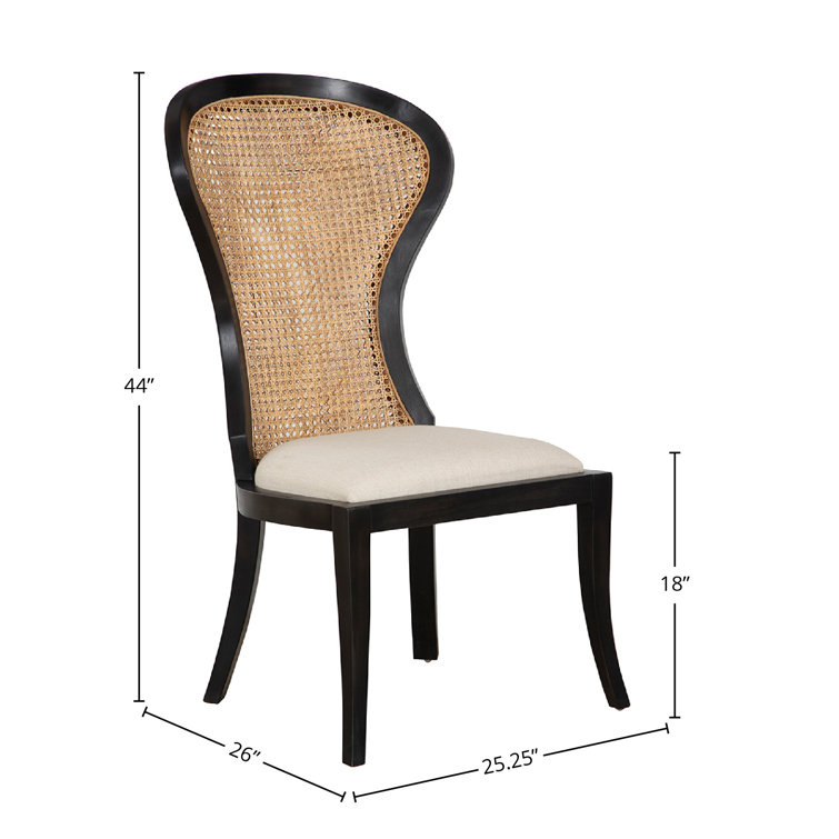 Black Mahogany and Cane High Back Linen Upholstered Side Chair