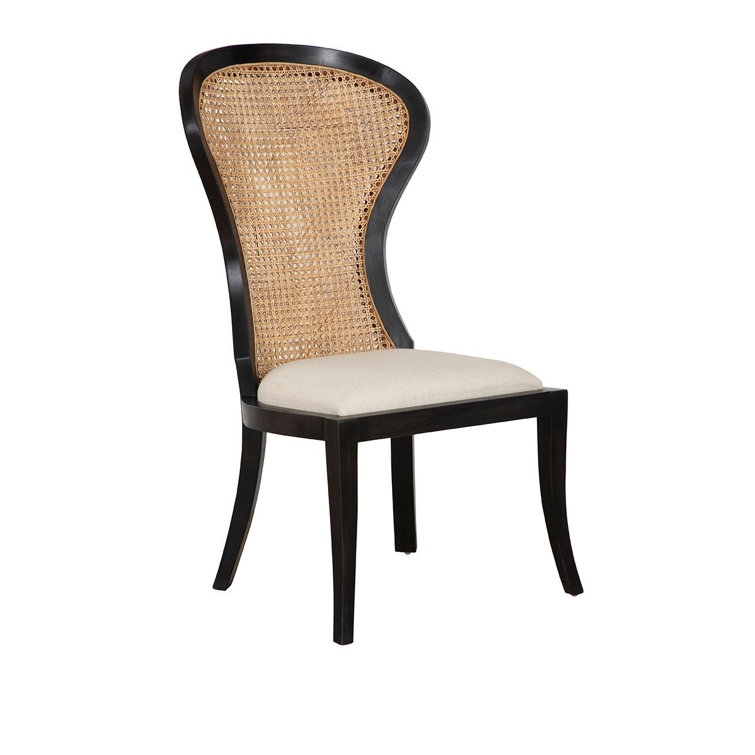 Black Mahogany and Cane High Back Linen Upholstered Side Chair