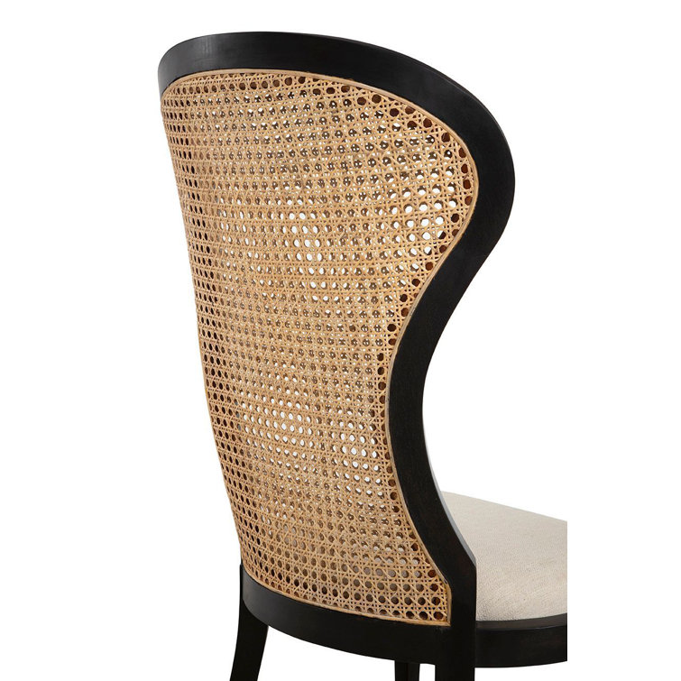 Black Mahogany and Cane High Back Linen Upholstered Side Chair