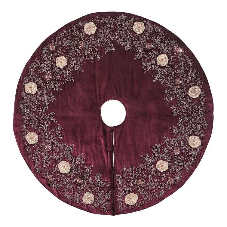Hand Beaded Burgundy Velvet Floral Christmas Tree Skirt