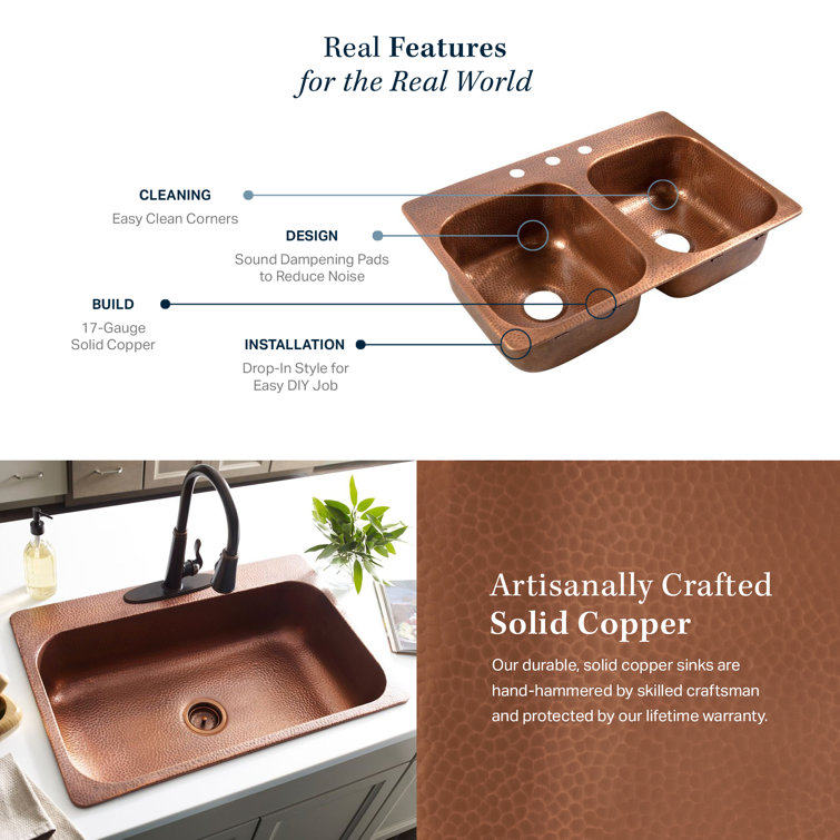 Angelico Copper 33" Double Bowl Drop-In Kitchen Sink