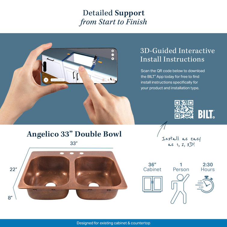 Angelico Copper 33" Double Bowl Drop-In Kitchen Sink