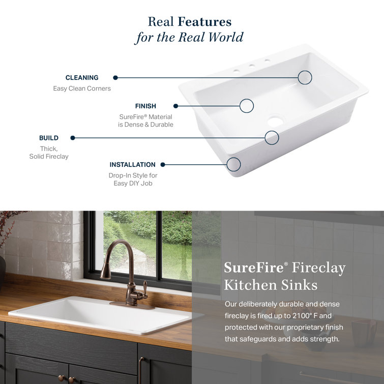 Jackson 33" Crisp White Fireclay Single Bowl Drop-In Kitchen Sink