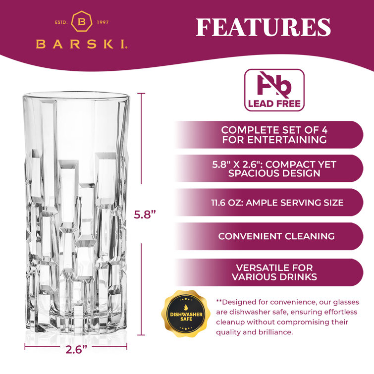 European Crafted Clear Glass Highball Tumblers Set of 4
