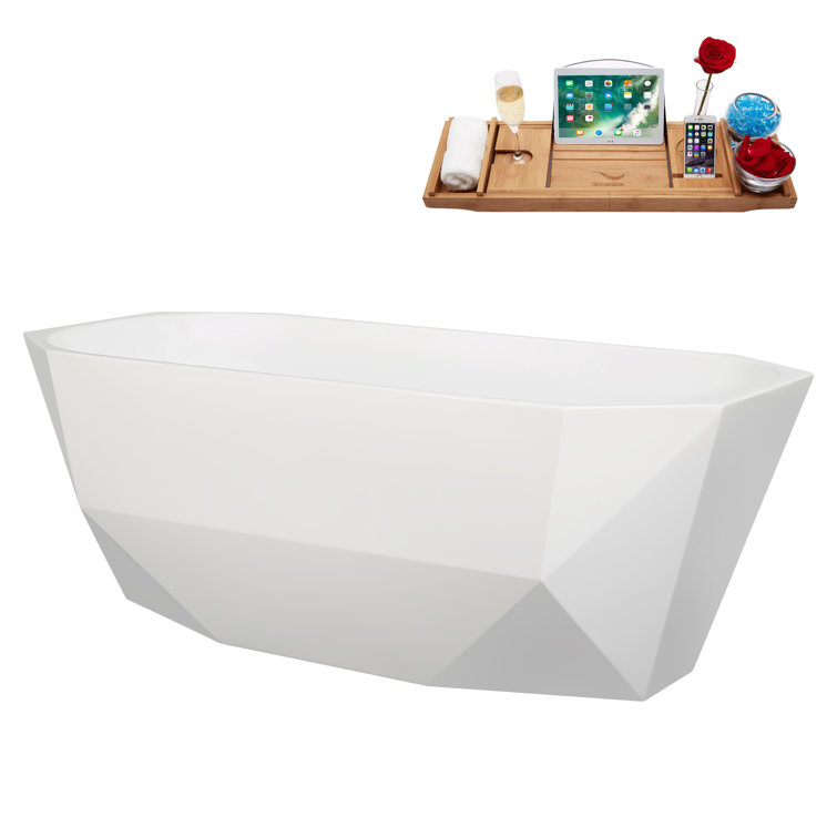 63" Glossy White Acrylic Freestanding Double Slipper Bathtub with Bamboo Tray