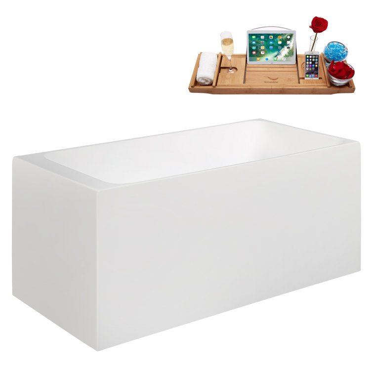 51" Glossy White Acrylic Freestanding Soaking Bathtub with Bamboo Tray