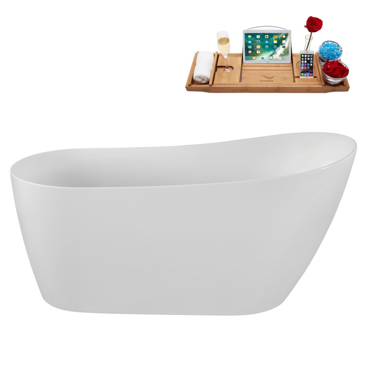 59" Glossy White Acrylic Freestanding Soaking Bathtub with Bamboo Tray