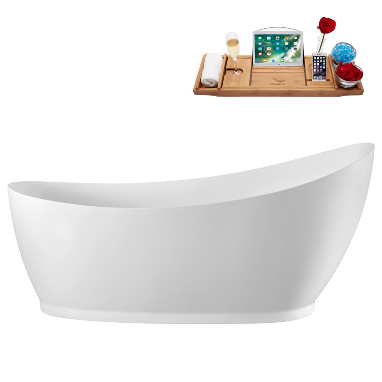 68" Glossy White Acrylic Freestanding Bathtub with Polished Gold Trim
