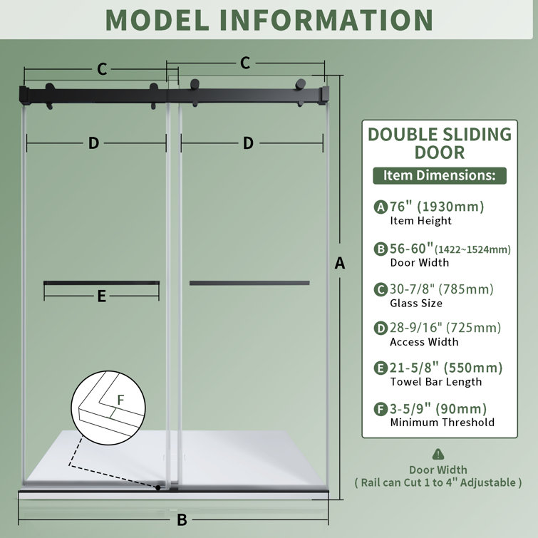 60" Matte Black Frameless Double Sliding Shower Door with Clear Glass