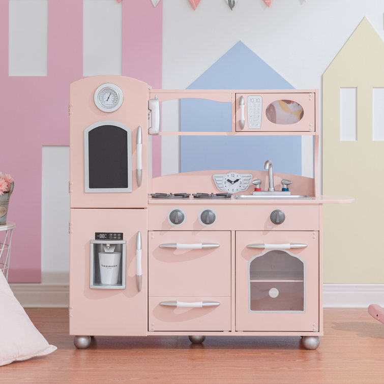 Pink Retro Wooden Play Kitchen Set with Accessories