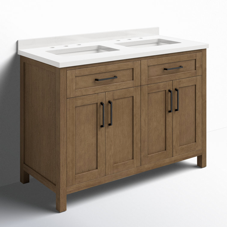Almond Latte Brushed Double Sink Bathroom Vanity with Matte Black Hardware