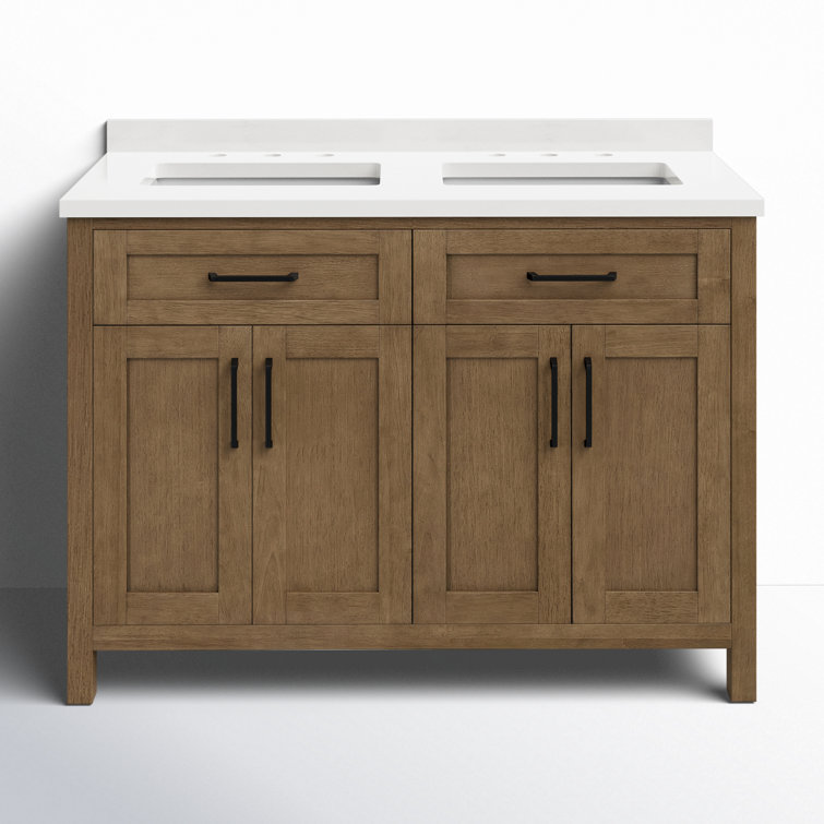 Almond Latte Brushed Double Sink Bathroom Vanity with Matte Black Hardware