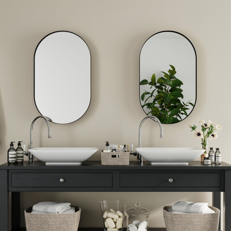 20x34 Inch Oval Matte Black Metal Recessed Medicine Cabinet with Mirror